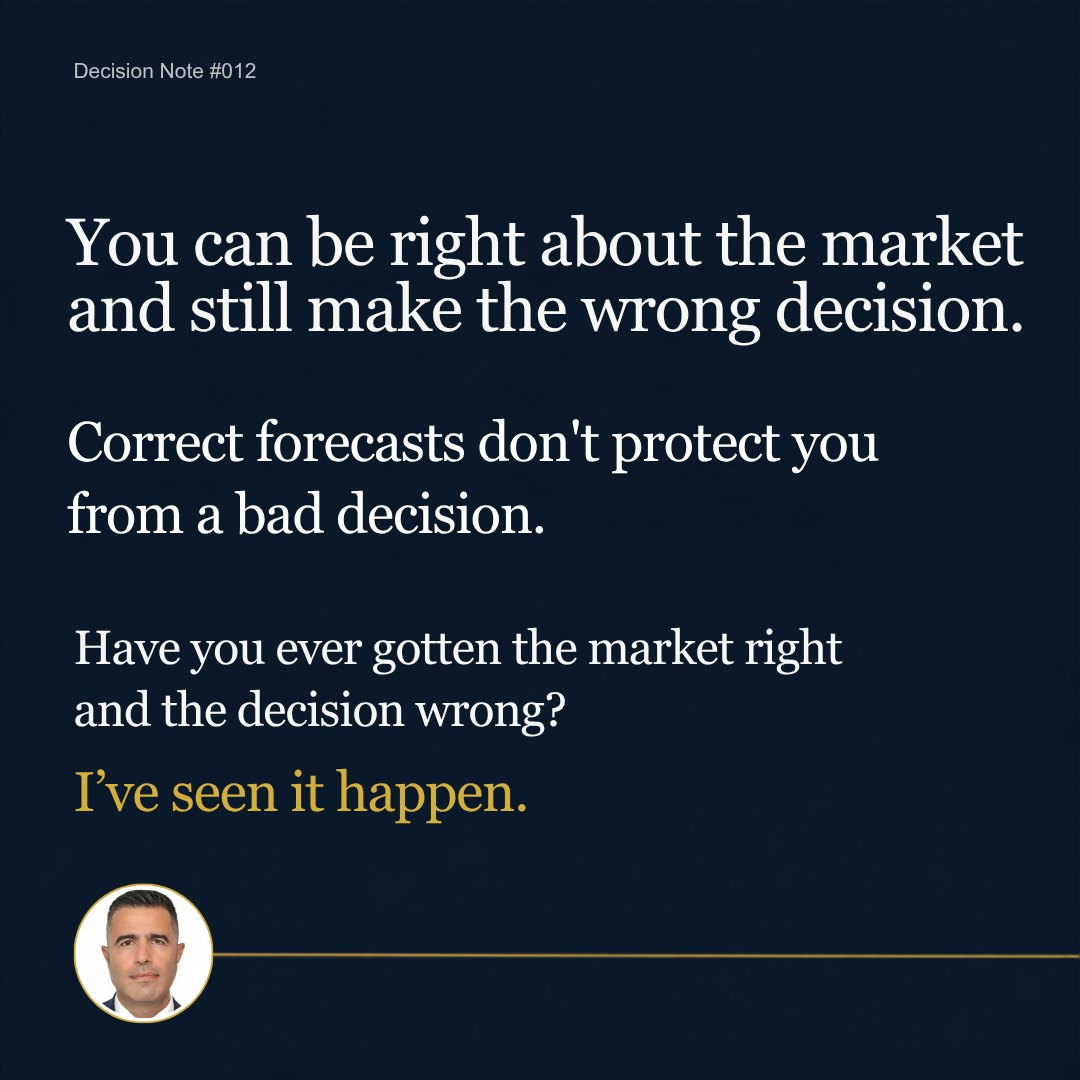 Decision Note 012: You can be right about the market and still make the wrong decision. Correct forecasts don’t protect you from a bad decision. Have you ever gotten the market right and the decision wrong? I’ve seen it happen.